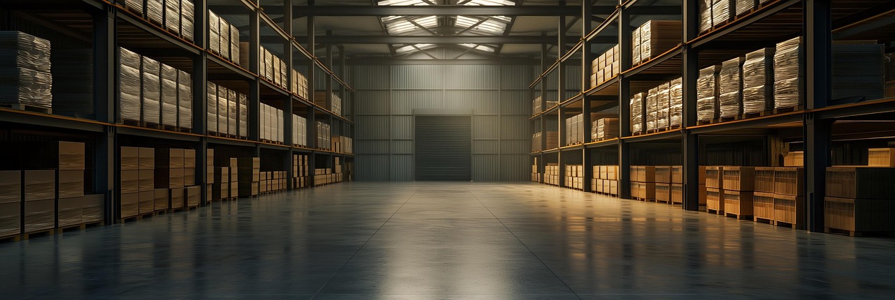 KI-generiert, Lagerung, Lagerhaus, Innenraum, Logistikzentrum, Regale